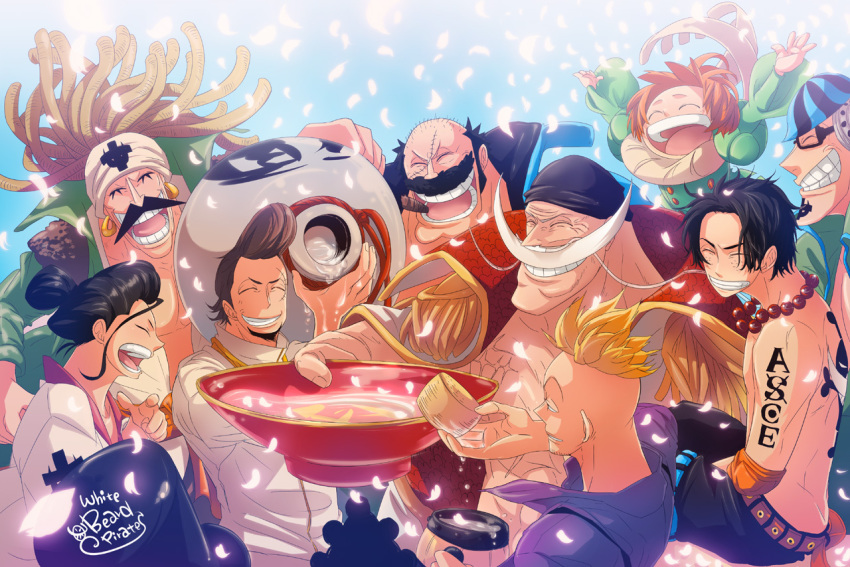 6+boys alcohol bad_id bad_pixiv_id bandana beard black_hair blonde_hair bottle brown_hair cherry_blossoms cigar closed_eyes cup curiel_(one_piece) earrings edward_newgate everyone facial_hair flower_sword_vista fossa_(one_piece) freckles glasses gourd green_shirt grin hanami happy haruta_(one_piece) hat headphones izou_(one_piece) japanese_clothes jewelry jolly_roger jozu_(one_piece) kimono long_hair male_focus marco_(one_piece) mug multiple_boys mustache necklace nyuu_men one_piece orange_hair petals pirate portgas_d._ace rakuyou_(one_piece) sakazuki sake scar shirt short_hair sitting smile tattoo teeth thatch_(one_piece) top_hat