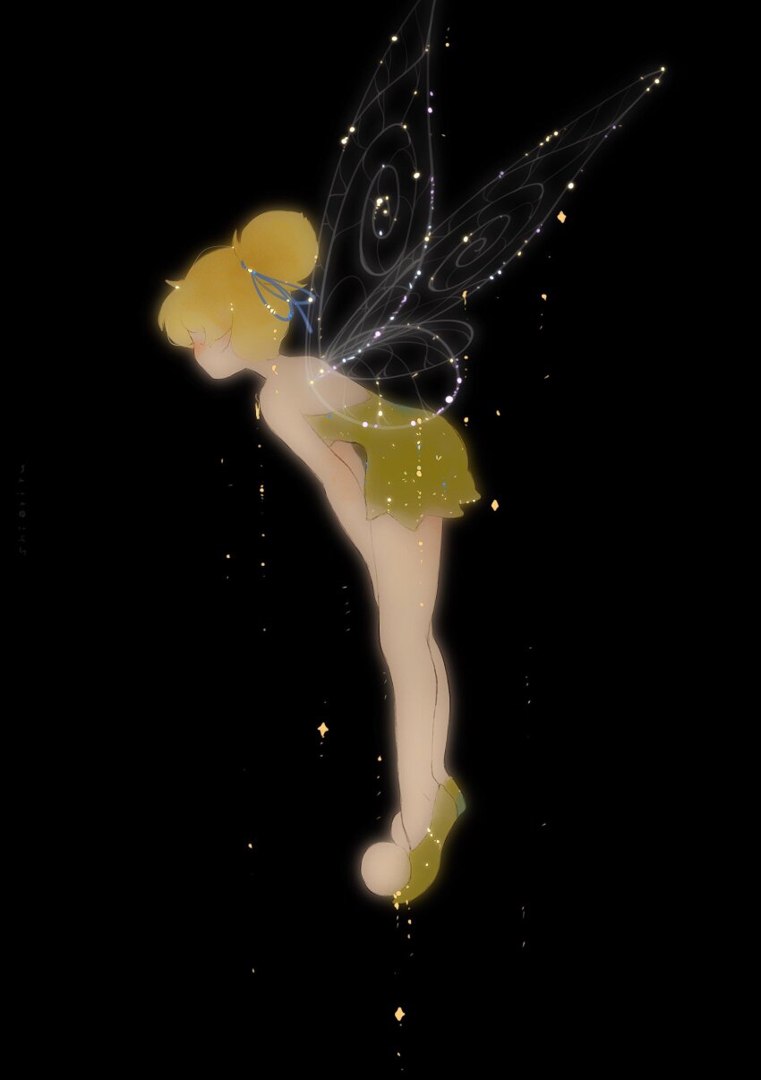 1girl absurdres bare_shoulders black_background blonde_hair disney_fairies_(film_series) dress facing_away fairy fairy_wings full_body green_dress hair_bun highres pointy_ears shieriru short_hair simple_background single_hair_bun solo sparkle standing strapless strapless_dress tinker_bell_(disney) wings