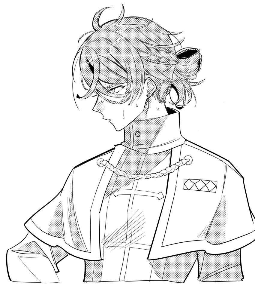 1boy alternate_hairstyle closed_mouth fire_emblem fire_emblem_engage greyscale highres illust_mi looking_to_the_side monochrome nintendo pandreo_(fire_emblem) robe solo upper_body white_background