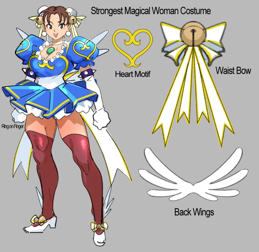 alternate_costume bell blush breasts brown_eyes brown_hair capcom reference_sheet choker chun-li cleavage clenched_hands double_bun earrings elbow_gloves english_text eyeshadow gloves grey_background hair_bell hair_bun hair_ornament highres jewelry makeup open_mouth puffy_sleeves red_thighhighs ring short_hair simple_background sketch smile solo spikes standing street_fighter teeth thighhighs upper_teeth_only watatanza white_choker white_footwear