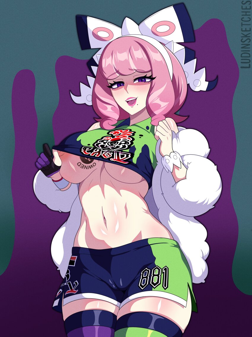 1girl :d absurdres artist_name blush bow breast_tattoo breasts clothes_lift coat cowboy_shot crop_top fur_coat game_freak gloves green_background hair_bow hairband highres jersey klara_(pokemon) large_breasts lifting_own_clothes looking_at_viewer ludinsketches medium_hair midriff mole mole_under_mouth navel nintendo number_print off_shoulder open_mouth partially_fingerless_gloves pink_hair pink_lips pokemon pokemon_swsh purple_background purple_eyes queen_of_pokemon_symbol shirt_lift short_shorts shorts single_glove smile solo stomach tattoo thighhighs two-tone_background two-tone_shirt two-tone_shorts underboob white_bow white_hairband