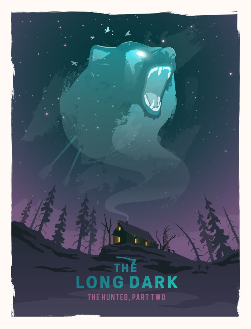 absurdres arrow_(projectile) arrow_in_body aurora axe bare_tree bear bird chimney copyright_name fangs highres house mikalaimanyshau night night_sky no_humans open_mouth rock scenery sky smoke snow star_(sky) starry_sky the_long_dark tree window winter