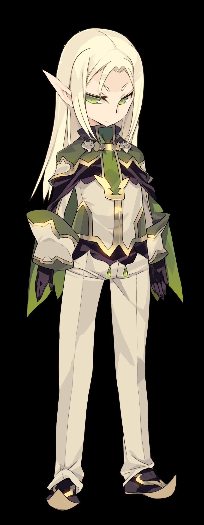 1boy absurdres bishounen blade_(galaxist) blonde_hair cape elf erik_burton full_body green_eyes highres long_hair male_focus official_art pointy_ears pop-up_story smile solo transparent_background