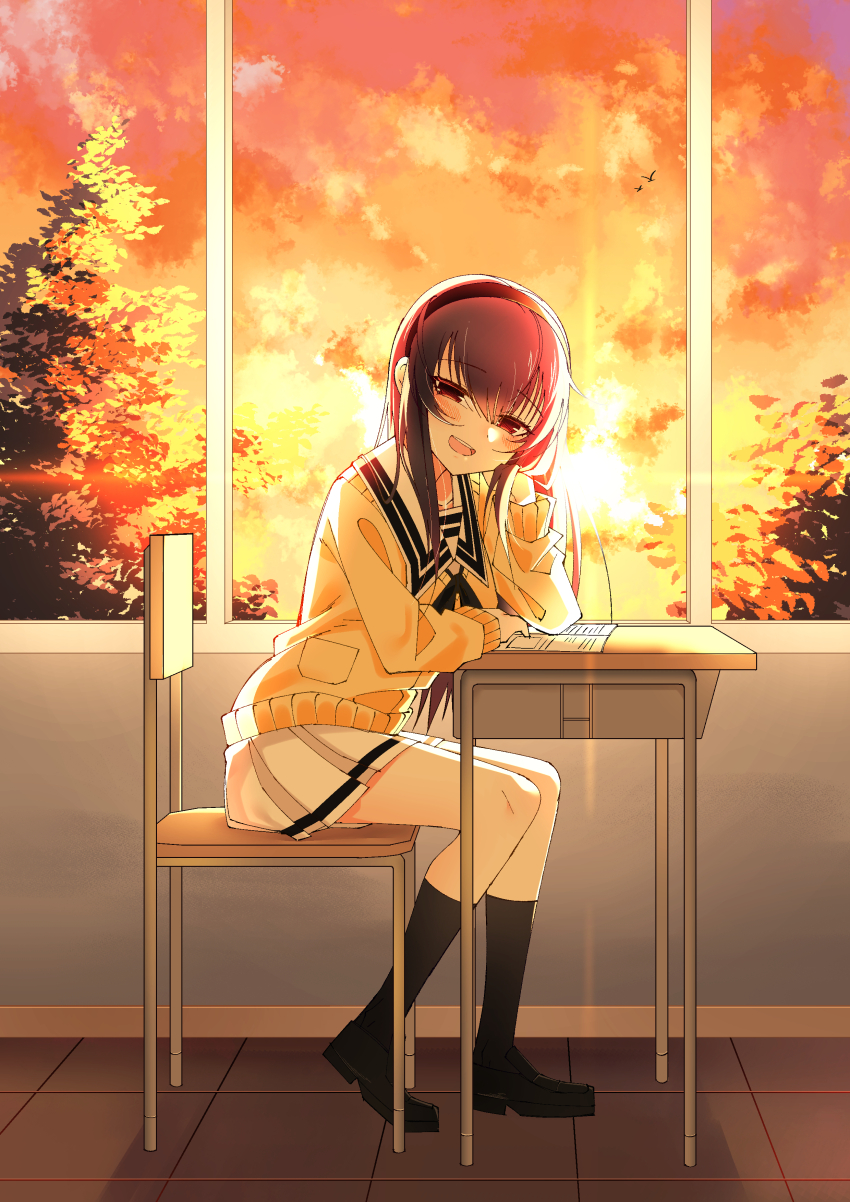 1girl absurdres against_desk black_bow black_bowtie black_hair black_hairband black_socks blush book bow bowtie cardigan chair cloud cloudy_sky desk hair_between_eyes hair_over_shoulder hairband hand_on_own_face hand_up highres indoors kimi_to_kanojo_to_kanojo_no_koi. kneehighs kokosen loafers long_hair looking_at_viewer nitroplus on_chair open_book pleated_skirt pocket sailor_collar school_chair school_desk school_uniform serafuku shoes sitting skirt sky smile socks solo sone_miyuki straight_hair sunlight sunset tile_floor tiles tree white_sailor_collar white_serafuku white_skirt window yellow_cardigan