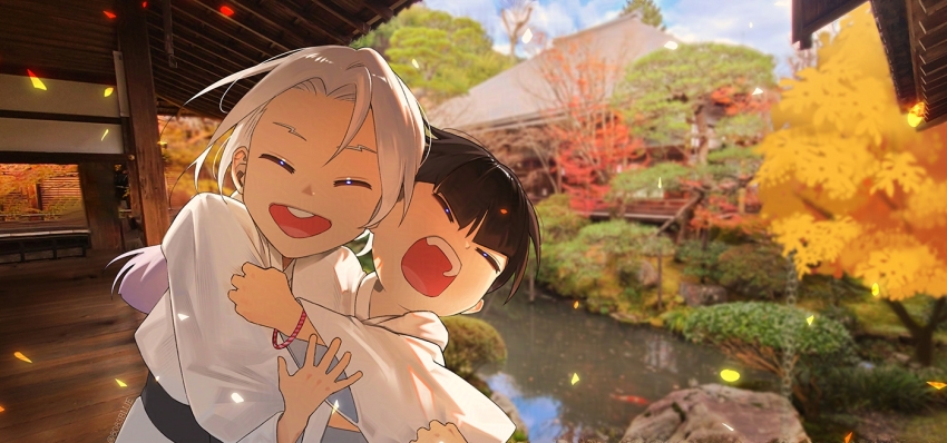 2boys 8083_blue aged_down black_hair bracelet brothers closed_eyes commentary facing_viewer happy hoshina_soichiro hoshina_soshiro hug jewelry kaijuu_no._8 koi multiple_boys open_mouth outdoors photo_background pond short_hair siblings