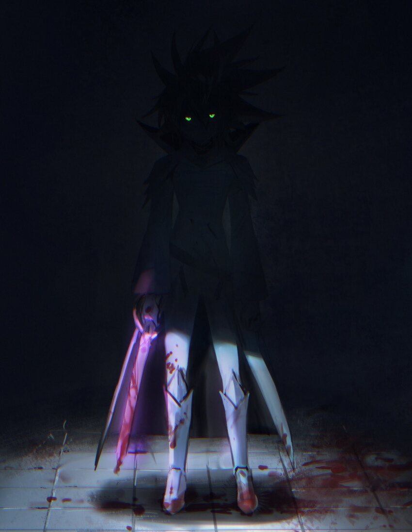 1boy alien_888 antenna_hair armor armored_boots arms_at_sides blonde_hair blood blood_on_clothes blood_on_ground blood_on_hands bloody_weapon boots clenched_hand clenched_hands crack_of_light dappled_moonlight drop_shadow energy_sword expressionless eyes_in_shadow face_in_shadow facing_viewer glowing glowing_eyes glowing_sword glowing_weapon green_eyes grey_armor grey_background highres holding holding_sword holding_weapon in_shadow jacket kuaidul_velgear looking_at_viewer male_focus moonlight night outdoors pants popped_collar scabbard sheath shirt shoulder_armor shoulder_pads solid_eyes spiked_hair sword tile_floor tiles tunic weapon white_boots white_jacket white_pants white_shirt white_tunic yu-gi-oh! yu-gi-oh!_go_rush!!