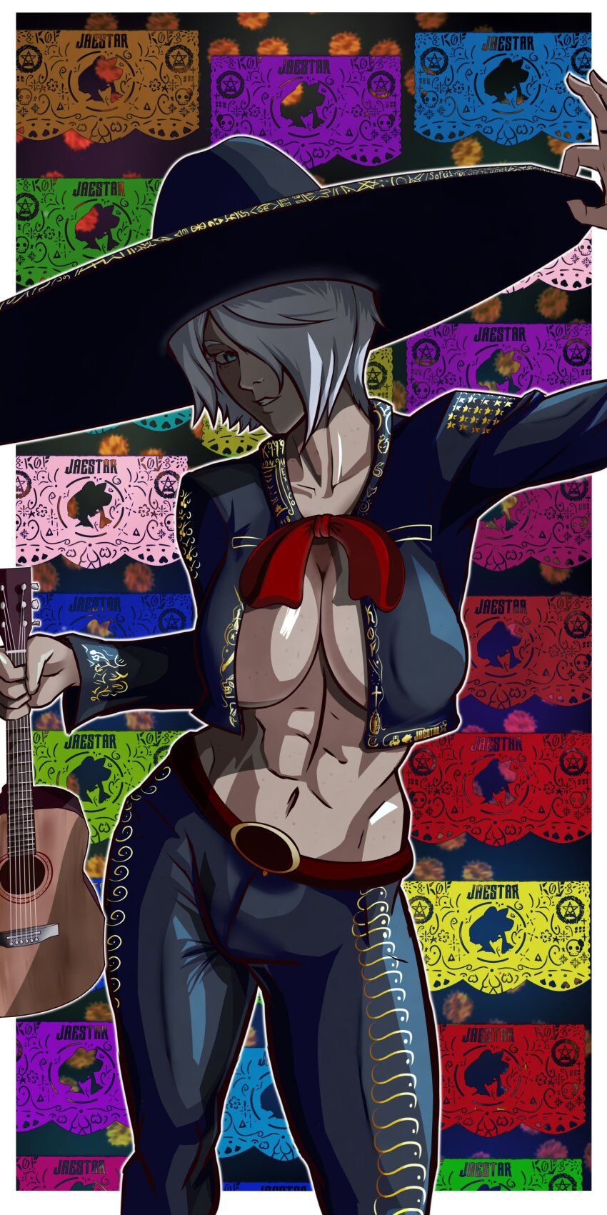1girl absurdres acoustic_guitar angel_(kof) blue_eyes breasts charro dia_de_muertos guitar hair_over_one_eye hat highres instrument jacket jaestarj large_breasts looking_at_viewer mariachi mexican_clothes mexican_dress mexico midriff naked_jacket navel no_bra papel_picado short_hair smile snk solo sombrero the_king_of_fighters toned toned_female white_hair