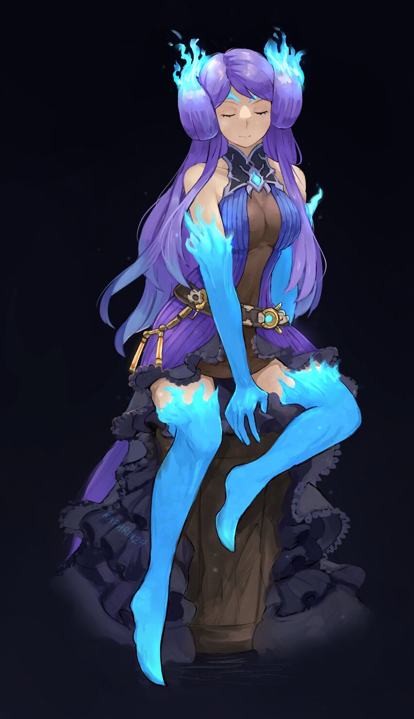 1girl absurdres bare_shoulders blue_fire blue_thighhighs breasts brighid_(xenoblade) center_opening closed_eyes closed_mouth commentary commentary_request covered_collarbone dress eyelashes fiery_hair fire highres kaphrin large_breasts long_dress long_hair mixed-language_commentary purple_hair sitting solo thighhighs very_long_hair xenoblade_chronicles_(series) xenoblade_chronicles_2