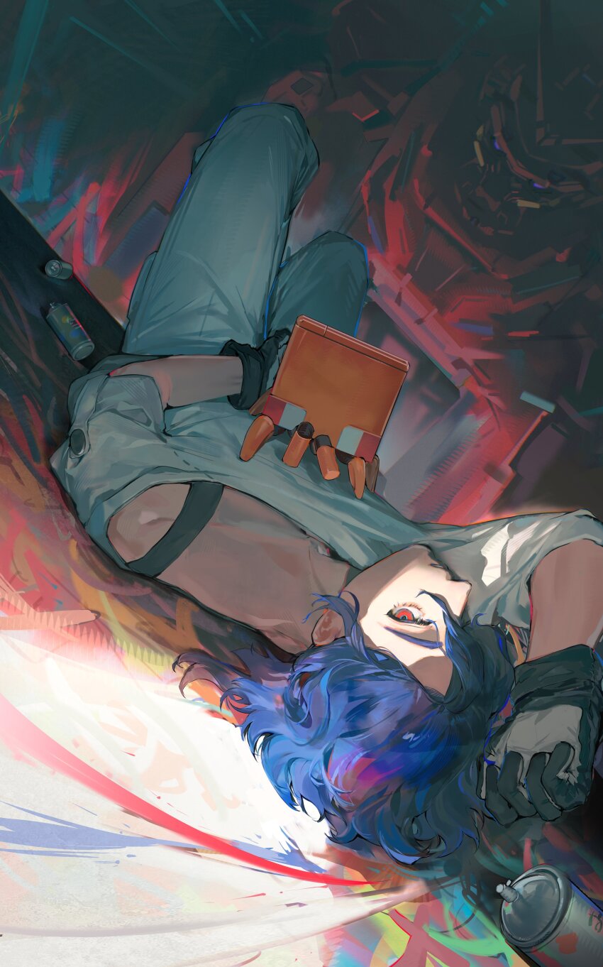 1boy absurdres blue_hair commentary gloves graffiti gundam gundam_gquuuuuux highres looking_at_viewer lying male_focus mecha mobile_suit non-humanoid_robot on_back pants red_eyes red_gundam robot science_fiction shirt short_hair shuji_ito skolly solo spray_can spray_paint white_shirt