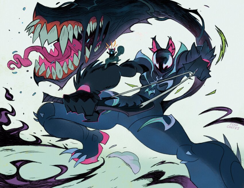 1girl animal_ears bodysuit claws fangs flancortes highres large_tail long_tongue marvel marvel_rivals mask official_alternate_costume sharp_teeth slingshot_(weapon) squirrel squirrel_ears squirrel_girl squirrel_girl_(marvel) squirrel_girl_(symbiote_squirrel)_(marvel) squirrel_tail symbiote tail tail_mouth teeth tippy-toe tongue