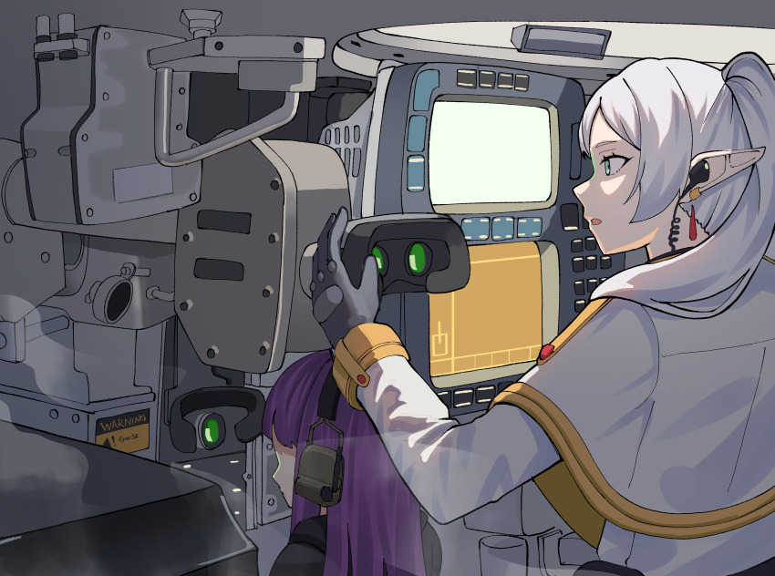 absurdres artist_name black_gloves black_robe blunt_bangs capelet commentary earrings elf english_commentary faceless faceless_female fern_(sousou_no_frieren) frieren gar32 gloves grey_hair hatch highres jacket jewelry long_hair long_sleeves military_vehicle motor_vehicle pointy_ears profile purple_hair robe sign sousou_no_frieren tank tank_interior twintails warning_sign white_capelet white_jacket