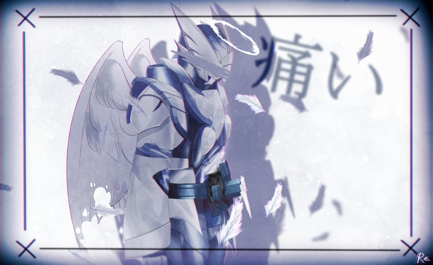 1boy absurdres armor arms_at_sides bar_censor belt blue_bodysuit blue_headwear bodysuit censored commentary feathers glowing halo helmet highres holy_live kamen_rider kamen_rider_live kamen_rider_revice livegun male_focus profile projector projector_screen reiei_8 shoulder_armor simple_background sketch solo spoilers standing symbolism two_sidriver white_background white_wings wing_genome wings