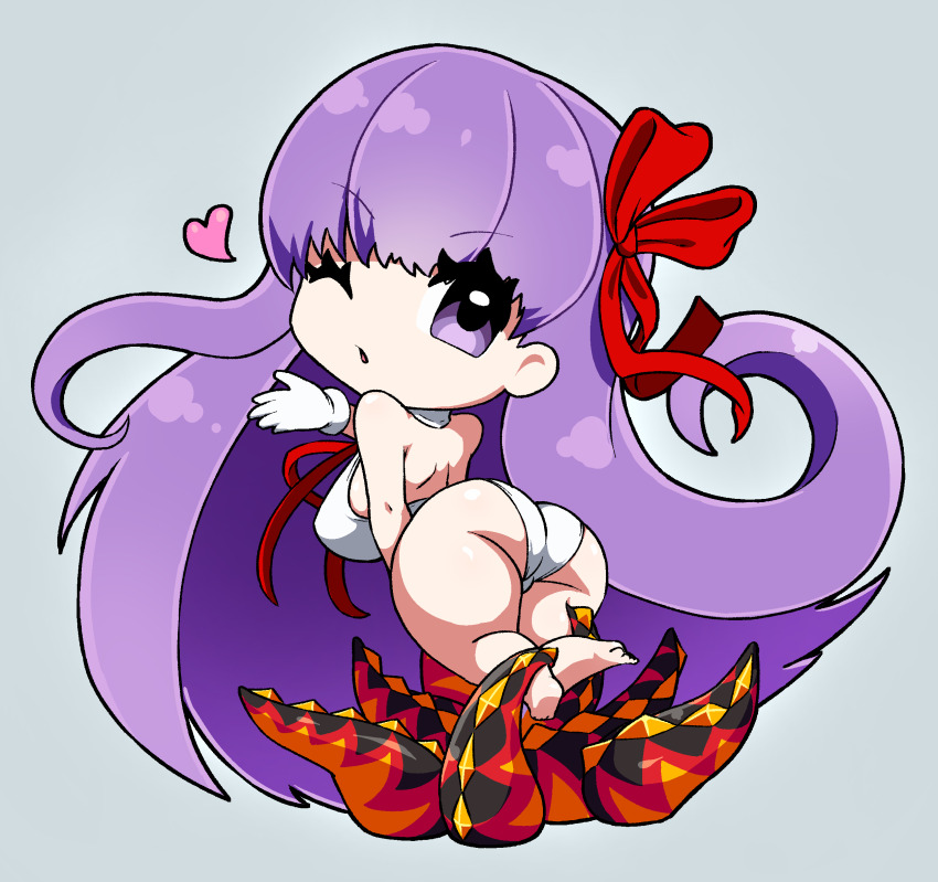 1girl ass backless_leotard barefoot bb_(fate) bb_(swimsuit_mooncancer)_(fate) bb_(swimsuit_mooncancer)_(third_ascension)_(fate) blowing_kiss blue_background breasts chibi commentary demon_pillar_(fate) english_commentary fate/grand_order fate_(series) feet gloves hair_ribbon heart highres large_breasts legs leotard long_hair looking_at_viewer looking_back masked_agent neck_ribbon one_eye_closed purple_eyes purple_hair red_ribbon ribbon riding_bareback simple_background solo thighs very_long_hair white_gloves white_leotard