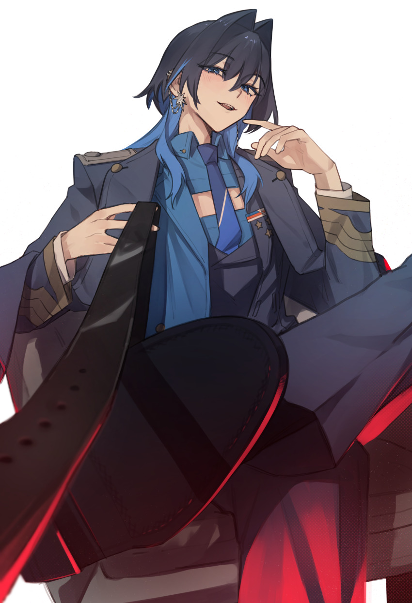 1girl absurdres black_hair black_shoes blue_coat blue_eyes blue_hair blue_jacket blue_necktie blue_shirt cleavage_cutout clothing_cutout coat coat_on_shoulders collared_shirt colored_inner_hair crossed_legs ear_chain earrings hair_intakes highres holding holding_leash hololive hololive_english hunk_404 jacket jewelry leash linked_piercing long_hair looking_at_viewer military_jacket military_uniform multicolored_hair multicolored_jacket necktie official_alternate_costume open_mouth ouro_kronii ouro_kronii_(4th_costume) piercing pov shirt shoes simple_background sitting solo teeth two-tone_hair two-tone_jacket upper_teeth_only viewer_on_leash virtual_youtuber white_background wolf_cut
