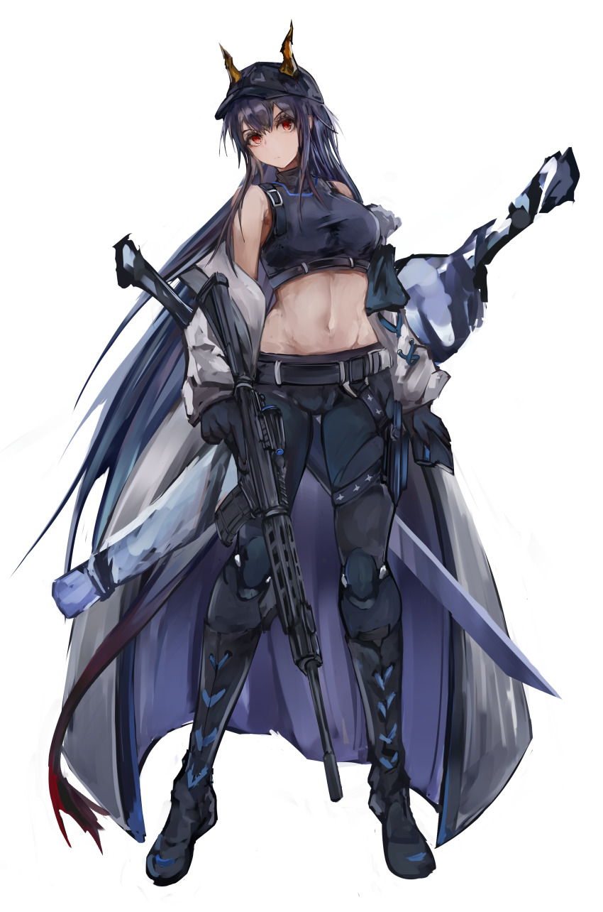 1girl absurdres arknights bare_shoulders belt black_belt black_footwear black_gloves black_pants black_shirt blue_archive blue_hair breasts ch&#039;en_(arknights) coat commentary_request cosplay crop_top dragon_horns full_body gloves grey_coat gun highres holding holding_gun holding_weapon horns horns_through_headwear ishigami_shizuka kisumun large_breasts leggings long_hair looking_at_viewer midriff navel off_shoulder open_clothes open_coat pants red_eyes rifle saori_(blue_archive) saori_(blue_archive)_(cosplay) shirt simple_background sleeveless sleeveless_shirt solo standing stomach thighs very_long_hair voice_actor_connection weapon white_background