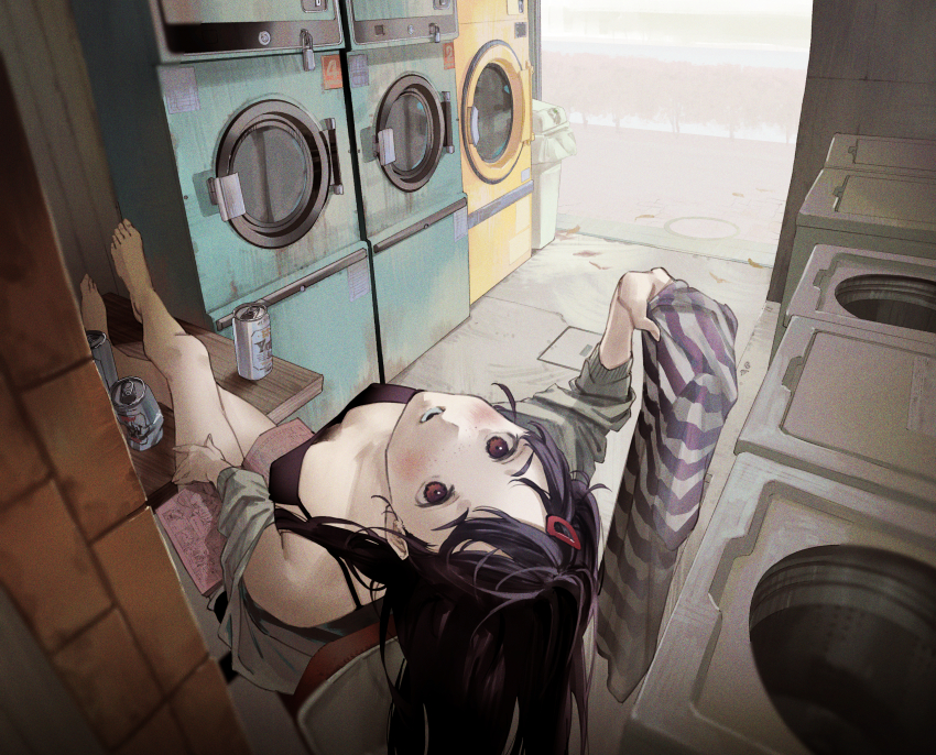 1girl absurdres black_hair breasts brown_eyes can feet_on_table hair_ornament hairclip head_back highres holding holding_shirt holding_unworn_clothes indoors laundromat long_hair looking_at_viewer looking_back magazine_(object) matsuura_kento original shirt sitting small_breasts top-load_washing_machine trash_can unworn_shirt washing_machine