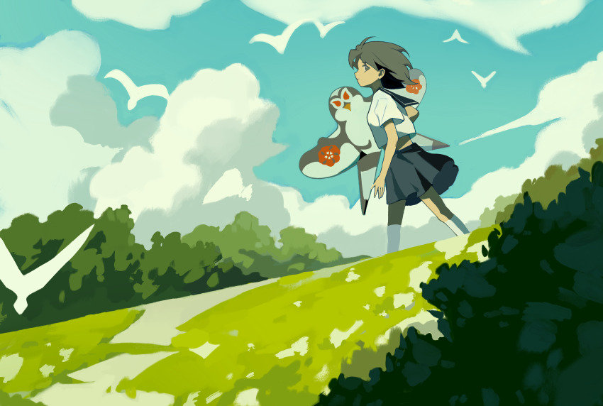 1girl absurdres bird blue_sky chaojufei cloud cloudy_sky commentary floating_hair from_side grass highres kite original school_uniform short_hair short_sleeves skirt sky white_bird wind wind_lift