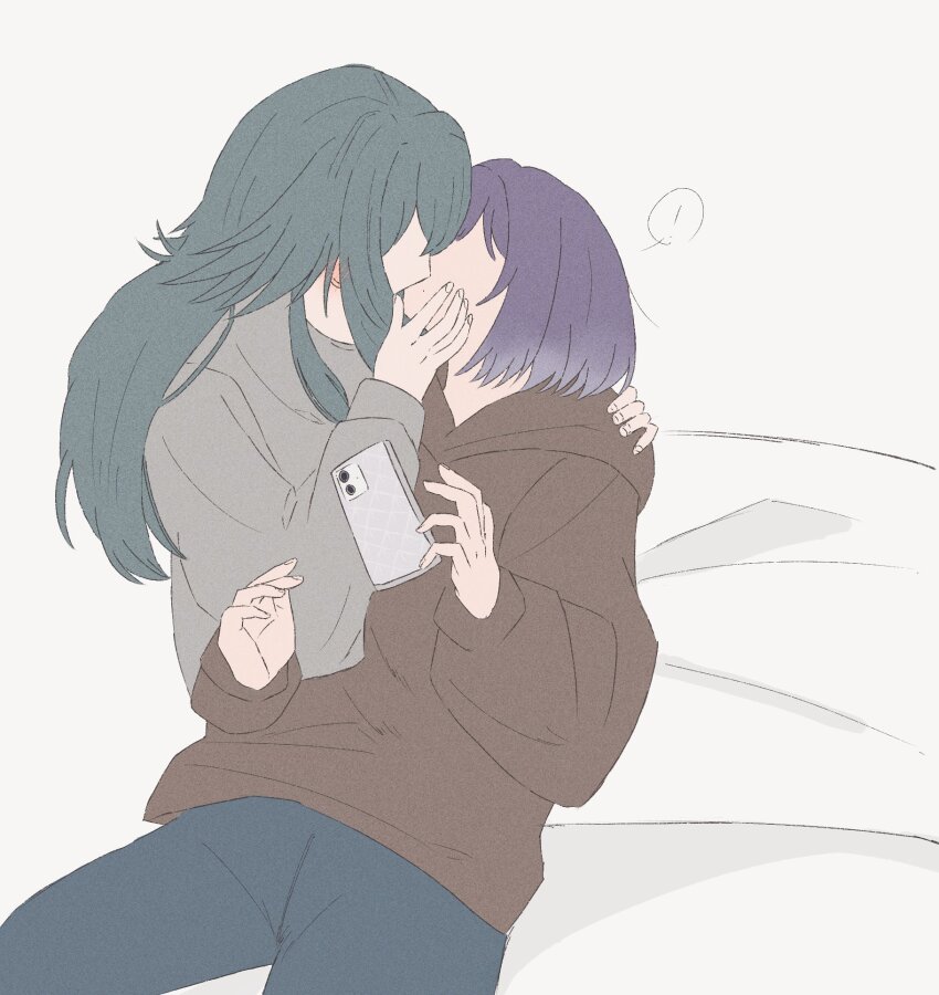 ! 2girls blue_pants blush brown_hoodie cellphone commentary ear_blush gakuen_idolmaster green_hair grey_shirt hand_on_another&#039;s_shoulder hataya_misuzu highres hood hoodie idolmaster kiss long_hair multiple_girls noka_(cvcw5858) pants phone purple_hair shirt short_hair smartphone spoken_exclamation_mark tsukimura_temari yuri