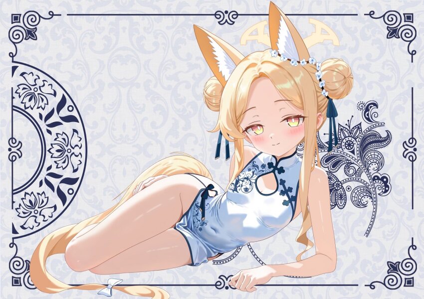 1girl animal_ears bare_legs blonde_hair blue_archive breasts china_dress chinese_clothes collared_dress commentary dress flat_chest flower flower_print fox_ears fox_girl fox_tail hair_bun hair_flower hair_ornament highres loli long_hair looking_at_viewer lying on_side orange_eyes seia_(blue_archive) sidelocks simple_background skin_tight tail white_background white_dress wide_hips