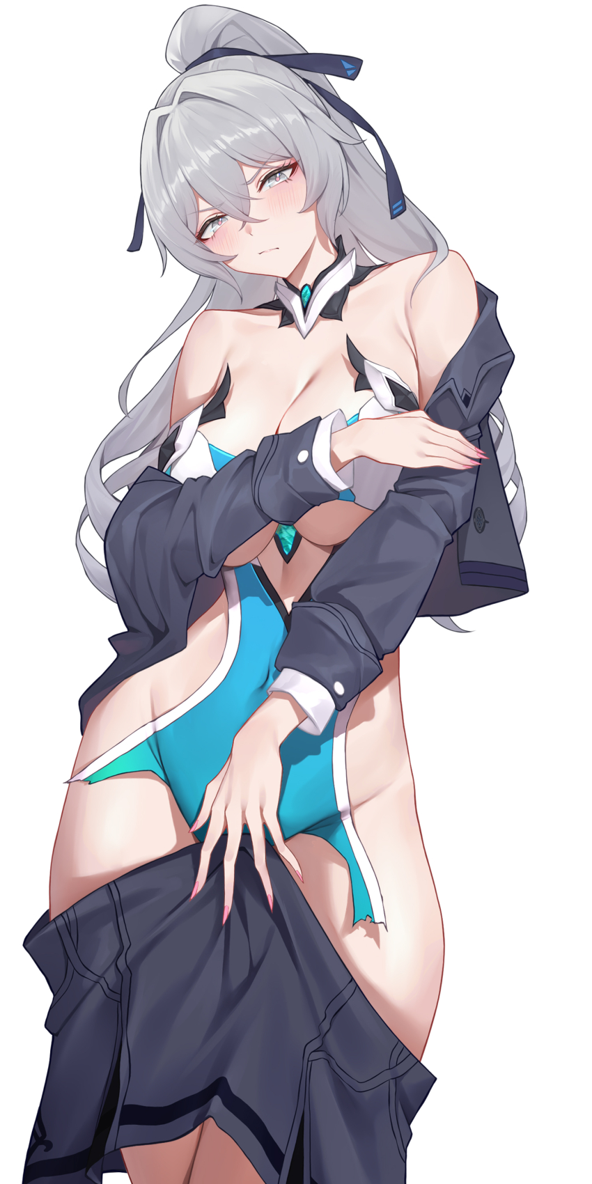 1girl absurdres black_jacket black_ribbon black_skirt blue_bodysuit blush bodysuit breasts bronya_zaychik bronya_zaychik_(herrscher_of_truth) bronya_zaychik_(outstanding_attitude) bronya_zaychik_(silverwing:_n-ex) chinese_commentary closed_mouth collarbone commentary_request cowboy_shot fingernails grey_eyes grey_hair groin hair_between_eyes hair_ribbon highres honkai_(series) honkai_impact_3rd jacket large_breasts long_hair looking_at_viewer nail_polish official_alternate_costume open_clothes open_jacket pink_nails red_pupils ribbon ruo_zhishi_chu_jian self_cosplay simple_background skirt solo stomach torn_bodysuit torn_clothes wardrobe_malfunction white_background