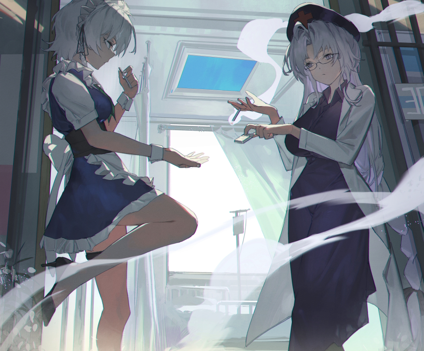 2girls absurdres apron black_footwear blue_dress blue_hat cigarette commission danzir dress frilled_apron frilled_dress frills glasses grey_hair hat high_heels highres hospital izayoi_sakuya lab_coat long_hair multiple_girls nurse_cap pixiv_commission puffy_short_sleeves puffy_sleeves shirt short_hair short_sleeves smoke smoking thigh_strap touhou very_long_hair waist_apron white_shirt white_wrist_cuffs wrist_cuffs yagokoro_eirin