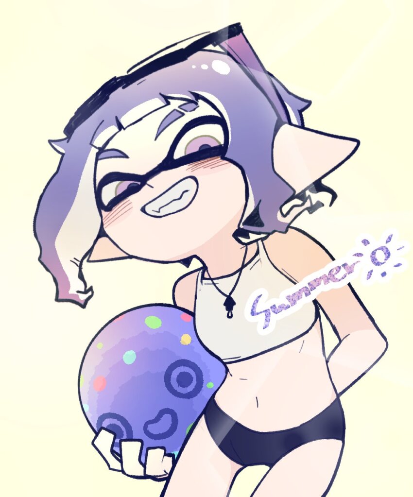 bra eyebrow_cut eyewear_on_head highres inkling inkling_girl inkling_player_character jewelry looking_at_viewer necklace nintendo purple_eyes purple_hair short_shorts shorts splatoon_(series) splatoon_3 sports_bra super_chump_(splatoon) underwear yunxd