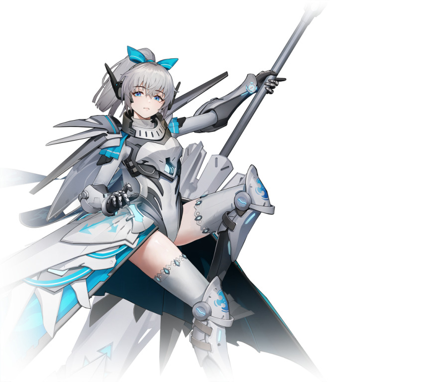 1girl aliz_(starward) armor armored_boots blue_bow blue_eyes boots bow breastplate breasts closed_mouth expressionless feet_out_of_frame gauntlets grey_hair grey_leotard grey_thighhighs hair_bow holding holding_polearm holding_weapon joints leg_armor leotard long_hair looking_at_viewer mecha_musume mechanical_arms mechanical_legs medium_hair official_art polearm ponytail robot_joints simple_background solo starward thighhighs transparent_background weapon white_background white_thighhighs