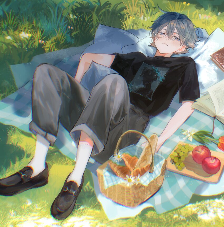 1boy absurdres apple black_shirt black_shoes blue_eyes book bread closed_mouth commentary_request cutting_board flower food fruit grapes grey_hair grey_pants hair_between_eyes half-closed_eyes highres looking_at_viewer lying male_focus on_back orange_flower original pants picnic_basket picnic_blanket shirt shoes short_sleeves socks solo t-shirt u-sama_(u_summer0719) white_flower white_socks