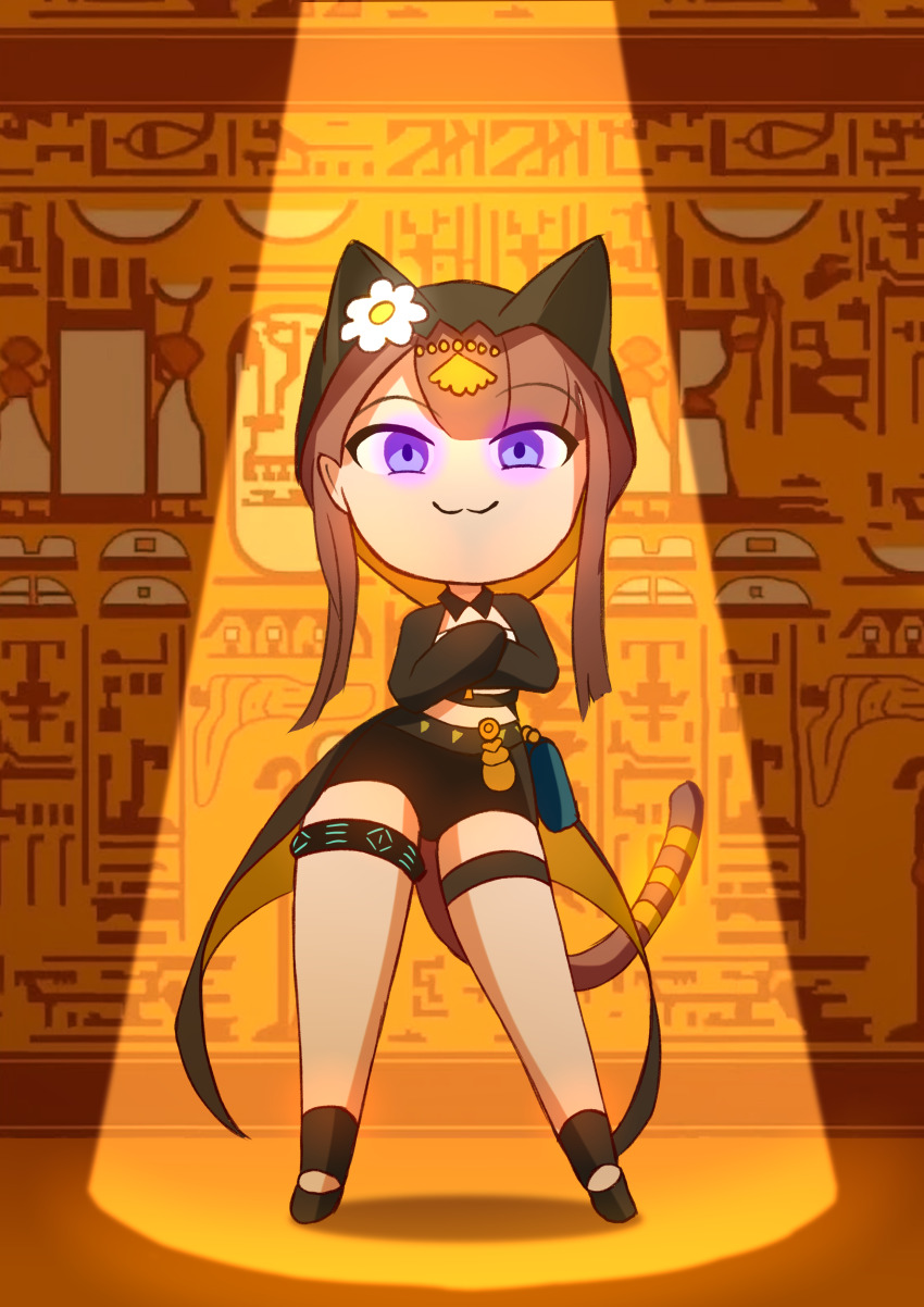 1girl :3 absurdres ancient_egyptian animal_ear_hood animal_ears animal_hood ankha_zone_(meme) arknights belt belt_pouch black_belt black_jacket black_shoes black_shorts brown_hair cat_ears cat_girl cat_hood cat_tail closed_mouth commentary crop_top crossed_arms dancing ears_under_headwear english_commentary fake_animal_ears full_body glowing glowing_eyes head_chain hieroglyphics highres hood hood_up hooded_jacket jacket jewelry meme midriff ofallx pepe_(arknights) pouch purple_eyes shirt shoes short_shorts shorts sidelocks smile smug solo spotlight standing tail tail_ornament tail_ring thigh_strap two-sided_fabric two-sided_jacket white_shirt yellow_jacket