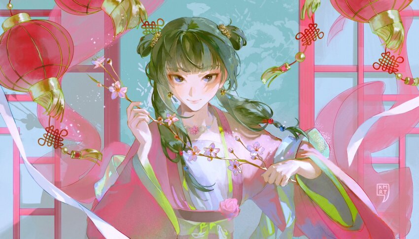 1girl beads blue_eyes blunt_bangs chinese_clothes double_bun duijin_ruqun earrings endless_knot eyeshadow flashlight flower green_hair hair_beads hair_bun hair_ornament hanfu highres jewelry komarita kusuriya_no_hitorigoto light_blush lipstick long_hair long_sleeves looking_at_viewer makeup maomao_(kusuriya_no_hitorigoto) multi-tied_hair necklace official_alternate_costume osmanthus parted_lips pink_eyeshadow pink_hanfu plant solo wide_sleeves