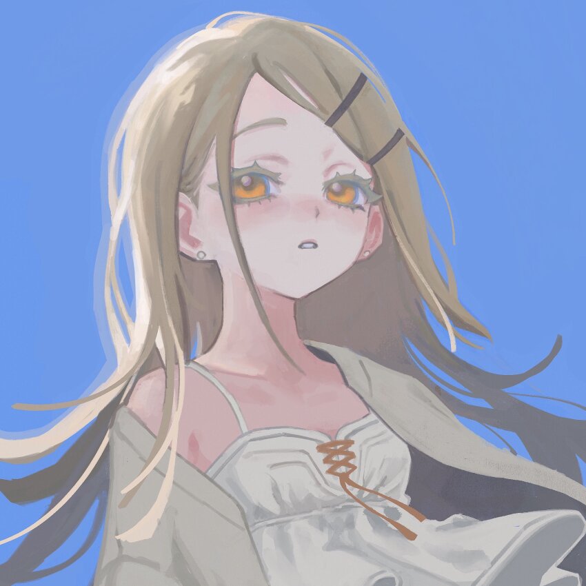 1girl blonde_hair blue_background breasts camisole collarbone colored_eyelashes commentary_request earrings floating_clothes gakuen_idolmaster hair_ornament hairclip highres idolmaster jacket jewelry ka1_(k4k37) long_hair open_clothes open_jacket parted_bangs parted_lips shinosawa_hiro single_off_shoulder small_breasts solo stud_earrings upper_body white_camisole yellow_eyes yellow_jacket