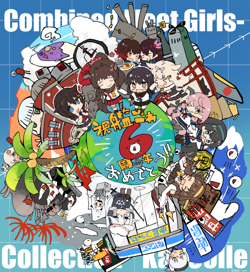 1boy 6+girls absurdres abyssal_ship aircraft airplane akashi_(kancolle) anniversary bad_food bad_id bad_pixiv_id banner battleship_princess chair chibi clock cloud commentary_request convenience_store copyright_name curry dual_persona earth_(planet) enemy_lifebuoy_(kancolle) fishing fishing_rod flower flying_boat food fubuki_(kancolle) fujiyama_ichiha h8k hatsukaze_(kancolle) hibiki_(kancolle) highres house kantai_collection kashima_(kancolle) kashima_(lawson)_(kancolle) kisaragi_(kancolle) kongou_(kancolle) lawson medal multiple_girls mutsuki_(kancolle) northern_ocean_princess ooyodo_(kancolle) palm_tree planet remodel_(kantai_collection) rensouhou-chan ro-500_(kancolle) school_uniform seaplane serafuku shigure_(kancolle) shop spider_lily t-head_admiral tree u-511_(kancolle) verniy_(kancolle) wrench yamato_(kancolle) yuudachi_(kancolle)