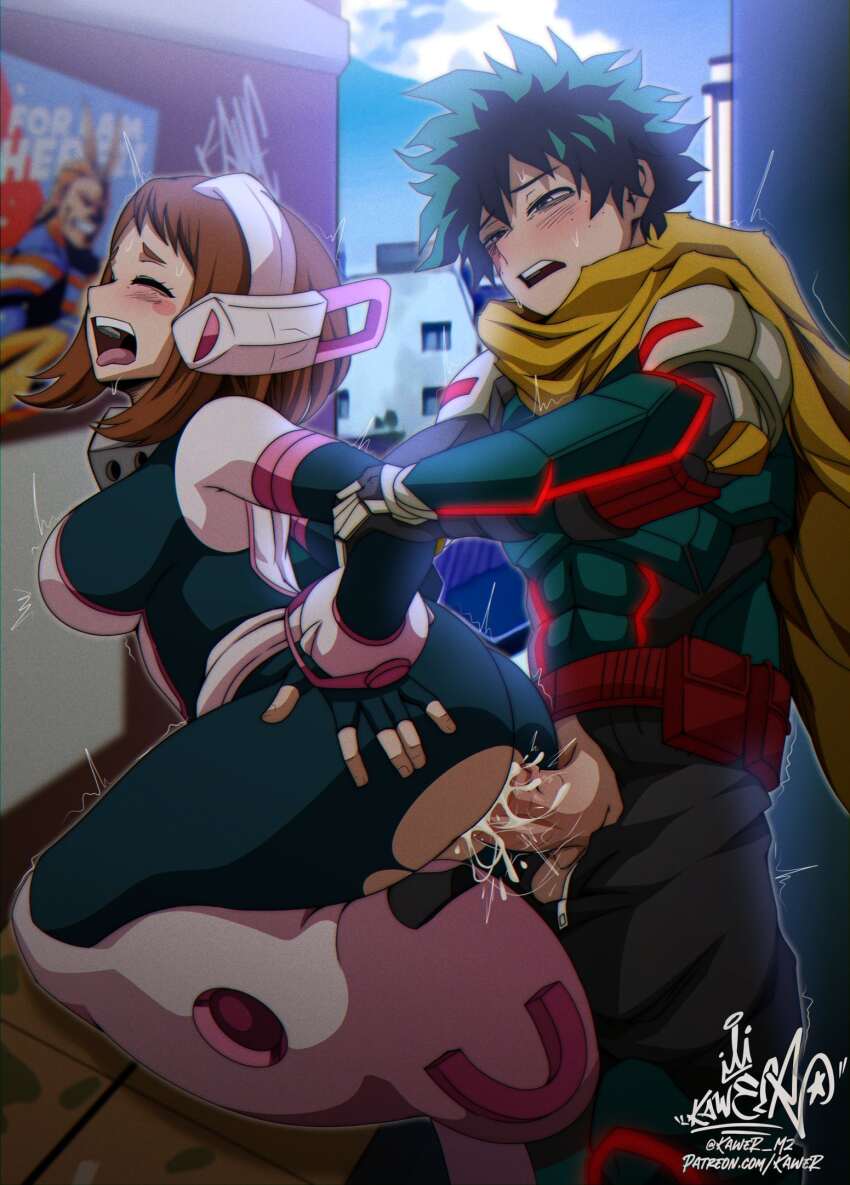 1boy 1girl all_might arm_held_back artist_name ass black_bodysuit blurry blurry_background blush blush_stickers bodysuit boku_no_hero_academia breasts brown_hair closed_eyes fucked_silly grabbing_another&#039;s_arm grabbing_another&#039;s_ass green_eyes green_hair groping hetero highres huge_ass kawer large_breasts matching_hair/eyes midoriya_izuku multicolored_bodysuit muscular muscular_male open_mouth penis pink_bodysuit poster_(object) sex sex_from_behind short_hair sidelocks teeth tongue tongue_out uncensored upper_teeth_only uraraka_ochako white_bodysuit