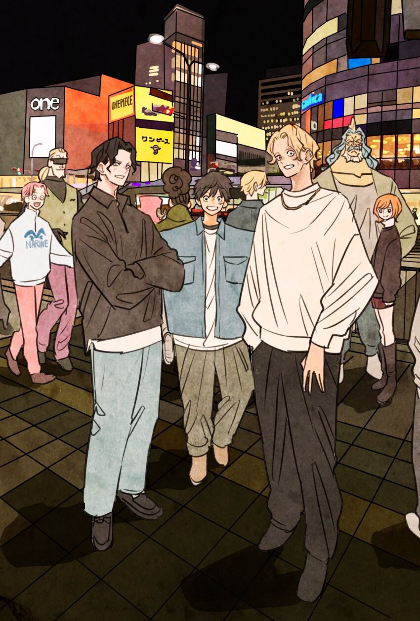 1girl 6+boys antlers beard black_hair black_pants blonde_hair blue_jacket blue_pants boots brothers city commentary_request crossed_arms facial_hair freckles full_body hack_(one_piece) helmeppo highres horns jacket koala_(one_piece) koby_(one_piece) long_hair looking_at_viewer monkey_d._luffy multiple_boys night one_piece orange_hair outdoors pants pink_hair ponytail portgas_d._ace reindeer_antlers sabo_(one_piece) sanji_(one_piece) shirt short_hair siblings smile sunglasses takeuchi_ryousuke tony_tony_chopper usopp white_shirt