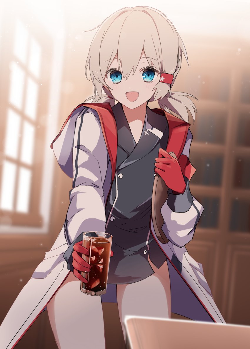 1girl :d a.a_(aa772) absurdres azur_lane black_dress blue_eyes buttons coat coat_dress coca-cola commentary_request commission cowboy_shot cup denver_(azur_lane) double-breasted dress gloves grey_hair hair_between_eyes hair_ornament hair_tubes highres holding holding_cup holding_tray hood hood_down hooded_coat indoors long_hair long_sleeves looking_at_viewer low_twintails open_clothes open_coat open_mouth red_gloves sidelocks skeb_commission smile solo standing tray twintails white_coat window