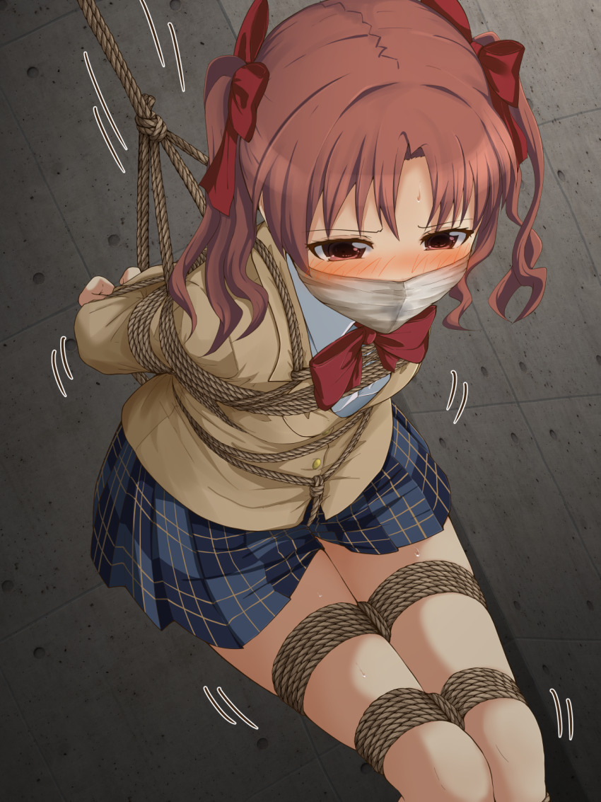 1girl arms_behind_back bdsm black_skirt blazer blush bondage bound bound_arms bound_legs bow bowtie brown_eyes brown_hair brown_jacket collared_shirt commentary_request commission crotch_rope femuto gag hair_bow highres improvised_gag indoors jacket long_hair long_sleeves plaid_clothes plaid_skirt red_bow red_bowtie restrained school_uniform shibari shibari_over_clothes shirai_kuroko shirt skeb_commission skirt solo toaru_kagaku_no_railgun toaru_majutsu_no_index tokiwadai_school_uniform twintails white_shirt winter_uniform