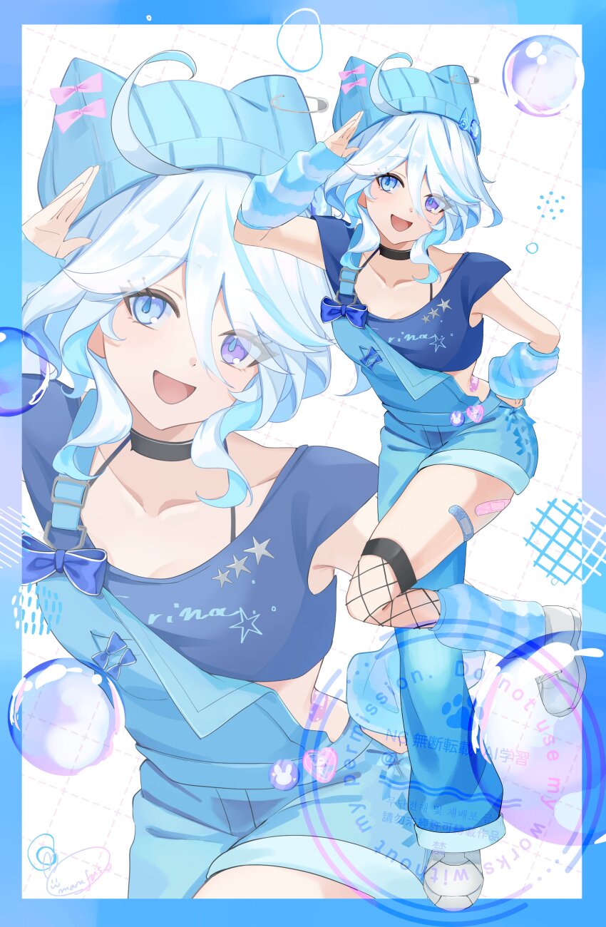 1girl :d absurdres ahoge alternate_costume arm_warmers bandaid_on_thigh beanie black_choker blue_border blue_eyes blue_hair blue_hat blue_shirt border bra_strap choker clothes_writing crop_top fishnet_thighhighs fishnets furina_(genshin_impact) genshin_impact hat highres leg_warmers looking_at_viewer marufus midriff open_mouth overalls shirt shoes short_hair smile thighhighs white_shoes zoom_layer