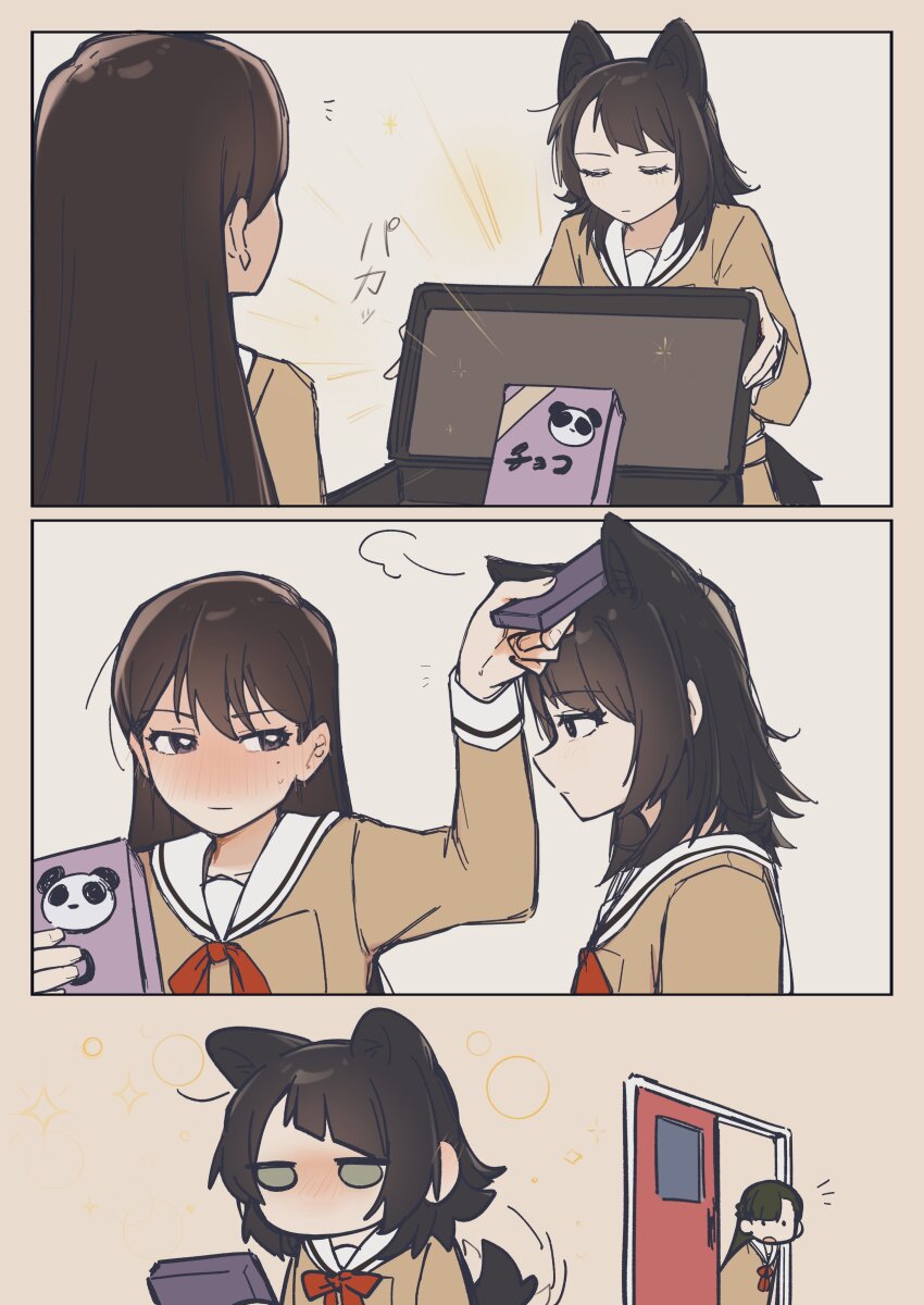 2girls absurdres animal_ears bang_dream! bang_dream!_it&#039;s_mygo!!!!! black_hair blue_eyes blush brown_dress brown_hair carton commentary dress hanasakigawa_school_uniform highres kemonomimi_mode medium_hair mole mole_under_eye multiple_girls neck_ribbon purple_eyes red_ribbon ribbon sailor_collar school_uniform shiina_taki symbol-only_commentary tail tenrouza_ray valentine white_sailor_collar wolf_ears wolf_girl wolf_tail yahata_umiri yuri