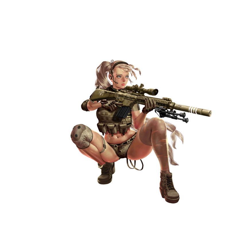 1girl artist_request asymmetrical_hair asymmetrical_legwear bipod blonde_hair blue_eyes boots breasts bulletproof_vest buttons closed_mouth crystal_maiden_(series) full_body game_cg gloves gun headset highres holding holding_gun holding_weapon justice_(crystal_maidens) looking_to_the_side navel official_art rail_(weapon) rifle scope short_sleeves sniper_rifle solo sr-25 suppressor thigh_strap transparent_background variant_set watch weapon
