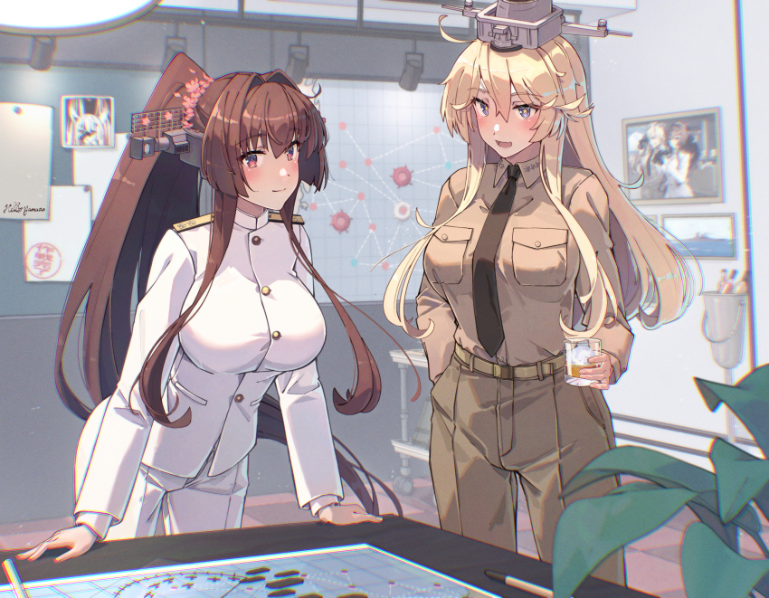 2girls alcohol alternate_costume ball billiard_ball black_necktie blonde_hair blue_eyes bottle breasts brown_hair brown_jacket brown_pants cherry_blossoms cue_stick cup drinking_glass flower hair_between_eyes hair_flower hair_intakes hair_ornament headgear highres himeyamato holding_cue_stick indoors iowa_(kancolle) jacket kantai_collection large_breasts long_hair long_sleeves looking_at_viewer military_rank_insignia military_uniform multiple_girls naval_uniform naval_working_uniform necktie pants pool_table red_eyes shirt sidelocks smile star-shaped_pupils star_(symbol) symbol-shaped_pupils table tumbler_glass very_long_hair vest white_pants white_shirt white_vest yamato_(kancolle)