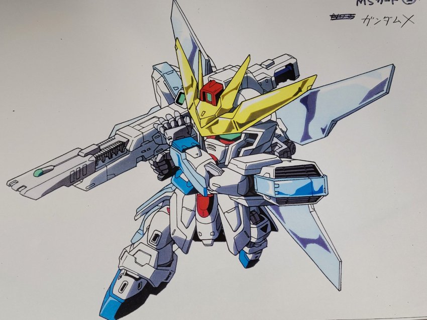 after_war_gundam_x chibi green_eyes gundam gundam_combat gundam_x highres looking_to_the_side mecha mobile_suit no_humans official_art robot science_fiction shoulder_cannon solo taiga_hiroyuki v-fin white_background