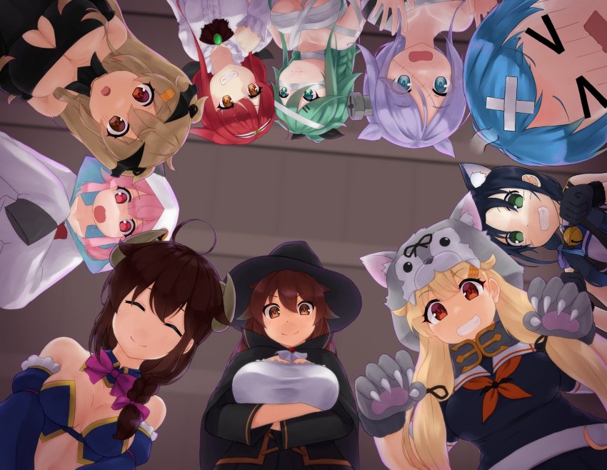 6+girls absurdres ahoge alternate_costume animal_ears animal_hands bandages bell black_headwear blonde_hair blue_eyes blue_hair bolt_(hardware) braid breasts brown_hair cat_ears cleavage closed_eyes commentary_request cosplay crisis_management_form_(machikado_mazoku) frankenstein frankenstein&#039;s_monster frankenstein&#039;s_monster_(cosplay) from_below ghost_costume gloves green_hair grin hair_flaps hair_ornament hair_over_shoulder halloween_costume harusame_(kancolle) hat highres igarashi_(whale_shark_sig) jingle_bell johnston_(halloween)_(kancolle) johnston_(kancolle) johnston_(kancolle)_(cosplay) kantai_collection kawakaze_(kancolle) large_breasts light_brown_hair long_hair long_sleeves looking_at_viewer machikado_mazoku multiple_girls mummy_costume murasame_(kancolle) murasame_kai_ni_(kancolle) naked_bandage official_alternate_costume paw_gloves pink_hair purple_hair red_eyes samidare_(kancolle) shigure_(kancolle) shigure_kai_ni_(kancolle) shiratsuyu_(kancolle) shiratsuyu_kai_ni_(kancolle) shirt short_hair single_braid sleeves_past_fingers sleeves_past_wrists smile suzukaze_(kancolle) two_side_up umikaze_(kancolle) upper_body very_long_hair white_shirt witch_hat wolf_hood yamakaze_(kancolle) yoshida_yuuko_(machikado_mazoku) yoshida_yuuko_(machikado_mazoku)_(cosplay) yuudachi_(halloween)_(kancolle) yuudachi_(kancolle) yuudachi_kai_ni_(kancolle)