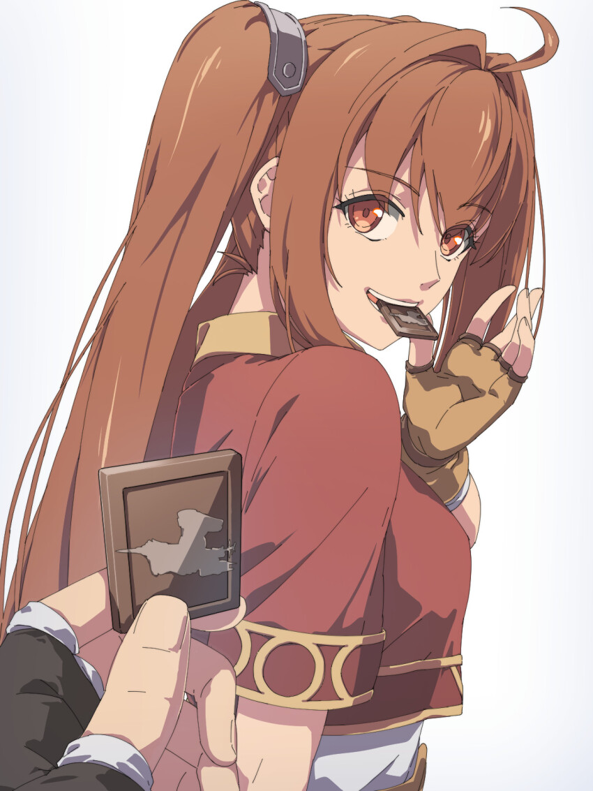 1girl ahoge antenna_hair brown_hair chiharu_(9654784) chocolate cropped_jacket double-parted_bangs eiyuu_densetsu estelle_bright fingerless_gloves food food_in_mouth gloves hair_between_eyes highres holding holding_food long_hair looking_at_viewer pov pov_hands red_eyes short_sleeves simple_background smile sora_no_kiseki twintails white_background
