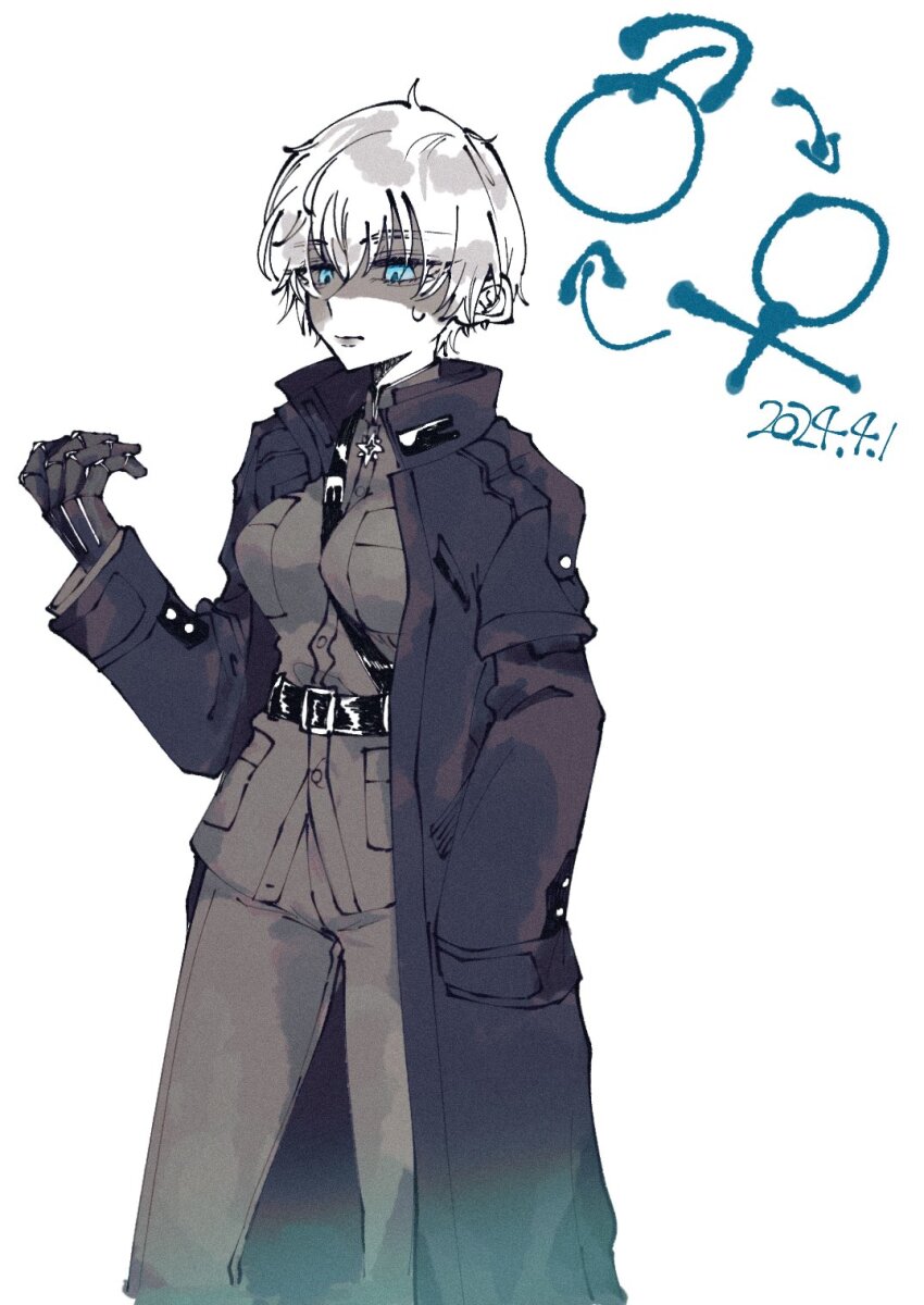 1girl belt bibie307 blue_eyes coat dated genderswap goddess_of_victory:_nikke grey_hair highres jacket jewelry johan_(nikke) mechanical_arms military_coat military_jacket military_uniform necklace pants short_hair single_mechanical_arm solo