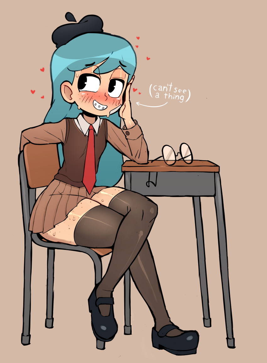 1girl absurdres arrow_(symbol) bandaid bandaid_on_cheek bandaid_on_face beret black_eyes black_hat black_shoes black_thighhighs blue_hair blush body_freckles braces breasts brown_background brown_shirt brown_skirt brown_vest chair classroom crossed_legs desk freckles freckles_on_legs freckles_on_thighs glasses grin hat head_rest heart highres hilda_(hilda) hilda_(series) loli long_hair long_sleeves looking_to_the_side lovestruck mary_janes necktie red_necktie rukisan(pixiv) school_uniform shirt shoes sitting skirt small_breasts smile sweat teeth thick_thighs thighhighs thighs unworn_eyewear vest wide_hips