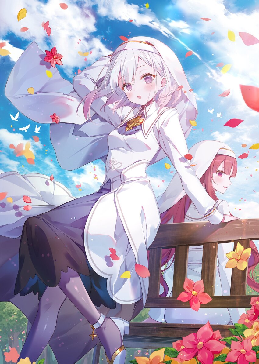2girls alm_danrick black_dress cloud cover cover_page dress falling_petals flower gradient_hair grey_hair hai_kouen_no_homeless_seijo hand_on_headwear high_heels highres ibara_riato kisara_deron looking_back medium_hair multicolored_hair multiple_girls novel_cover official_art on_bench pantyhose parted_lips petals purple_eyes purple_hair red_eyes red_hair sitting tree white_dress wimple wind