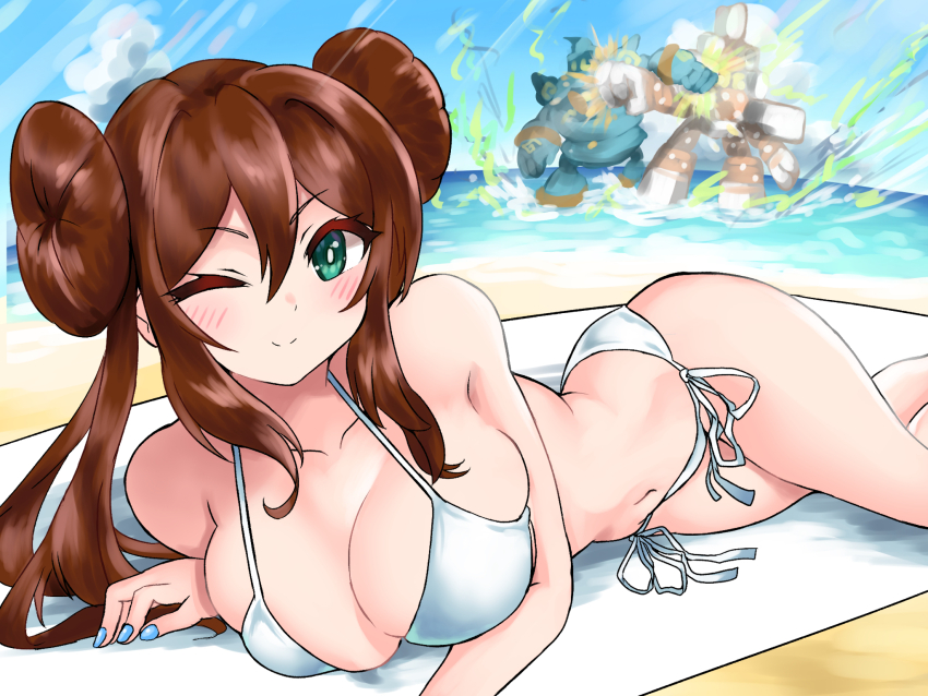 1girl 2others ass beach bikini breasts brown_hair double_bun garganacl gen_5_pokemon golurk hair_bun highres horounendo huge_ass large_breasts lying multiple_others nintendo one_eye_closed pokemon pokemon_(creature) pokemon_bw2 punching rosa_(pokemon) shiny_skin swimsuit thong thong_bikini white_bikini wide_hips