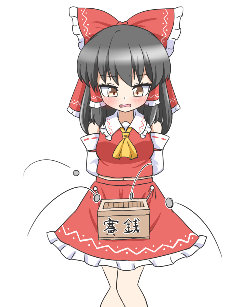 1girl arms_behind_back bare_shoulders black_hair blush bow box breasts coin commentary_request d: detached_sleeves donation_box feet_out_of_frame frilled_bow frilled_hair_tubes frills furrowed_brow hair_tubes hakurei_reimu highres huge_bow looking_down medium_breasts medium_hair midriff motion_lines navel nervous open_mouth red_bow red_shirt red_skirt ribbon_trim rope shirt simple_background skirt skirt_set solo standing touhou translation_request white_background yellow_eyes zenji029