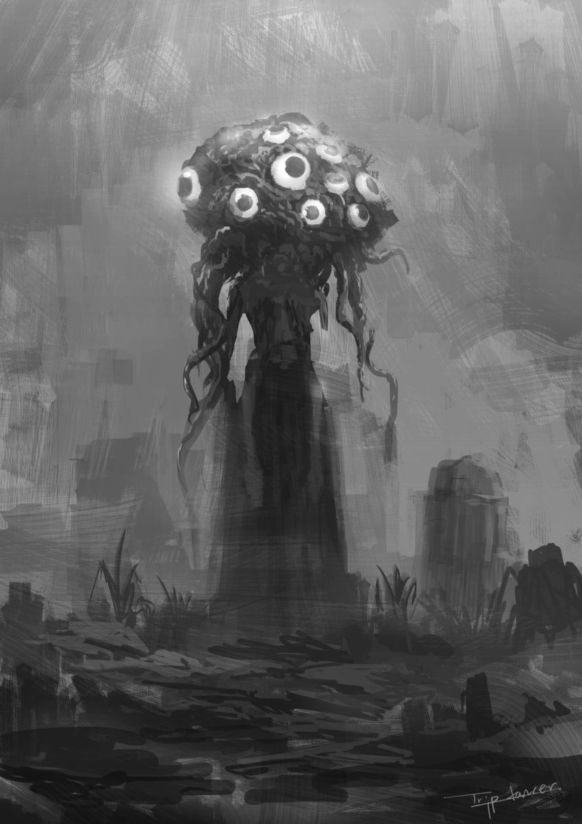 1other artist_name bloodborne dress eldritch_abomination extra_eyes grey_background hat highres long_sleeves monster solo standing tentacles tripdancer winter_lantern