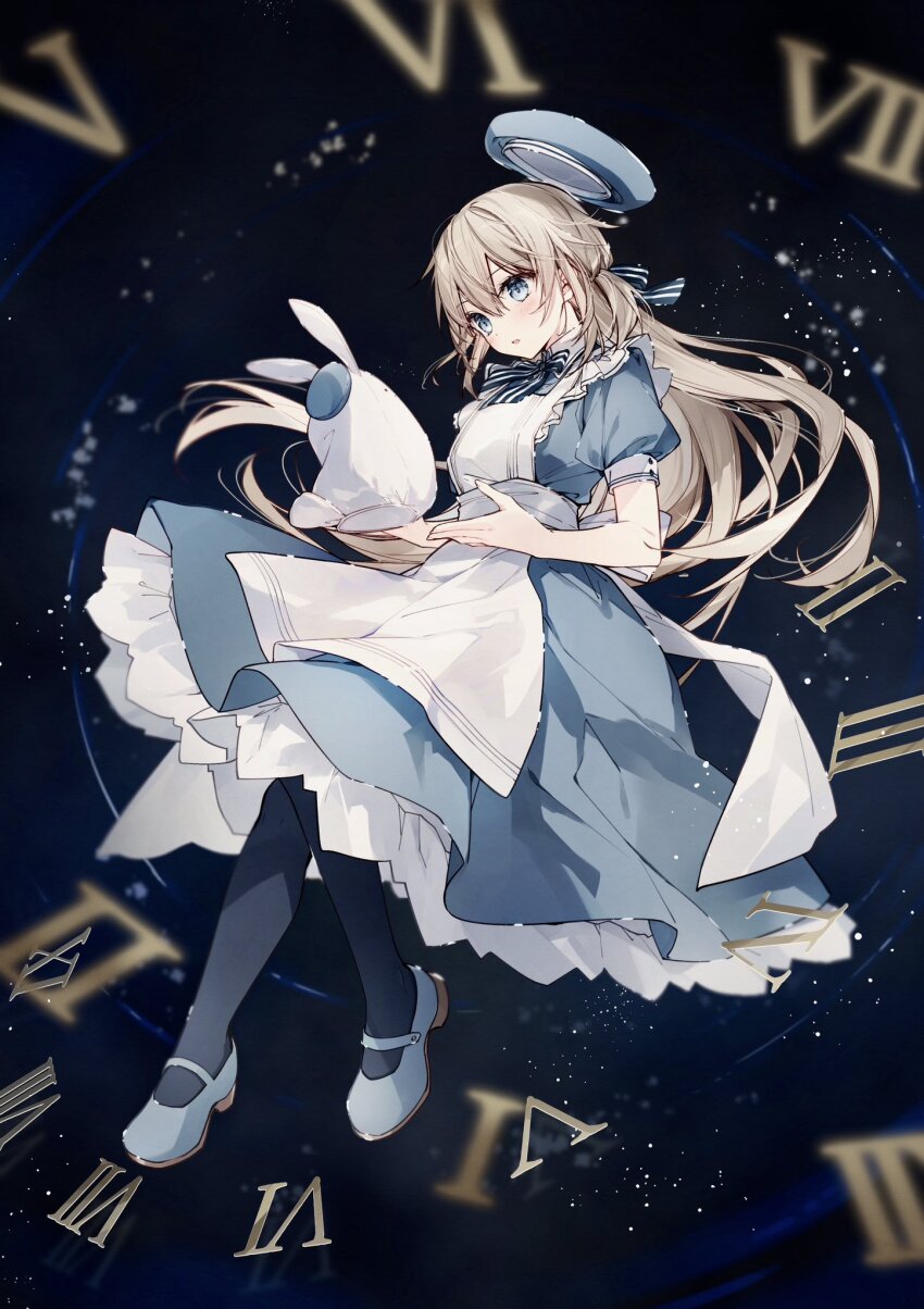 1girl apron beret black_pantyhose blue_dress blue_eyes blue_hat blue_shoes blush bow brown_hair commentary_request dress frilled_apron frills full_body hair_between_eyes hat highres long_hair mochizuki_shiina original pantyhose parted_lips puffy_short_sleeves puffy_sleeves roman_numeral shoes short_sleeves solo striped_bow stuffed_animal stuffed_rabbit stuffed_toy unworn_hat unworn_headwear very_long_hair white_apron